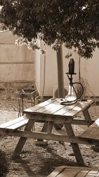 Hookah Rustic Table Sepia Vertical Outdoor Relaxing Scene Nature Shadows Stock Photos