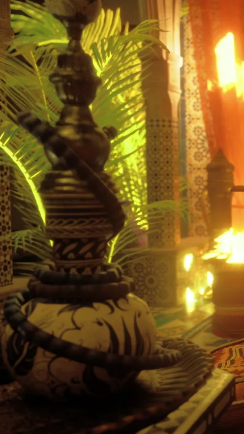 A hookah sits in a Moroccan space filled with vibrant patterns and warm lights Stock Footage 331708886