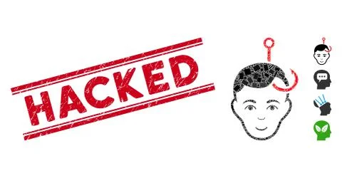 Hooked Man Head Mosaic and Grunge Hacked Stamp with Lines Stock Illustration