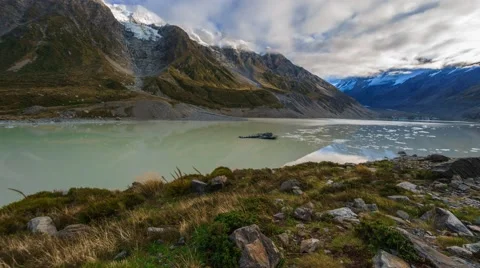 Hooker Glacier Lake, Mount Cook National Park, Time Lapse Pan Right Video stock 63680795
