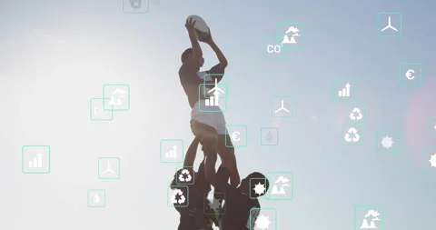 Hooker launching ball enabling lifters lifting jumper rugby lineout securing Stock Footage 316352079