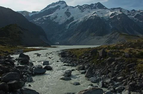 Hooker River on Hooker Valley Track in Mount Cook National Park Stock Photos