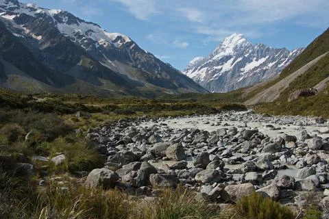 Hooker River on Hooker Valley Track in Mount Cook National Park Stock Photos