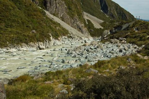 Hooker River on Hooker Valley Track in Mount Cook National Park Stock Photos