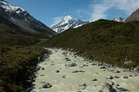 Hooker River on Hooker Valley Track in Mount Cook National Park Stock Photos