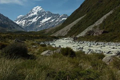 Hooker River on Hooker Valley Track in Mount Cook National Park Stock Photos