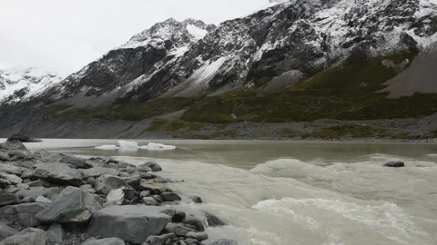 The Hooker River leaving the glacial Hooker Lake , New Zealand. Stock Footage 145995807