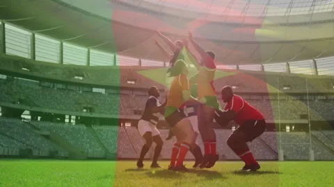 Hooker tossing ball into sunlit stadium lineout, rugby players contesting lift Stock Footage 311507035