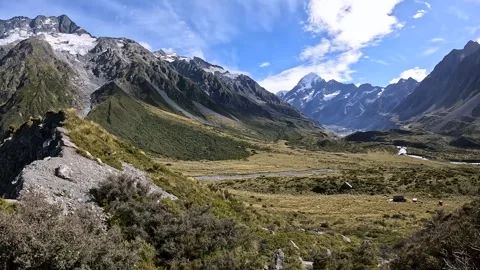 Hooker Valley and Aoraki Mount Cook: Scenic Hiking Trail Landscapes in the .. Stock Footage 295010655