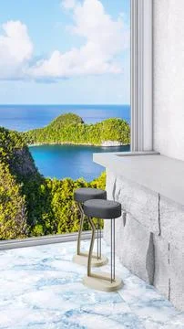 Hookers by the stone bar table  , big windows with ocean view with green islands Stock Photos