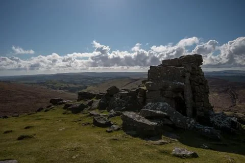 Hookney Tor, Panoramic view over Dartmoor on a bright spring day. Stock Photos