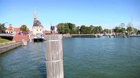 Hoorn Harbor with sailing yacht Stock Footage