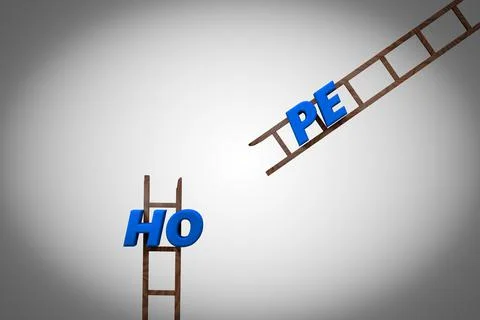 Hope on broken ladder ready to collapse demonstrating lost hope concept. 3D i Stock Illustration