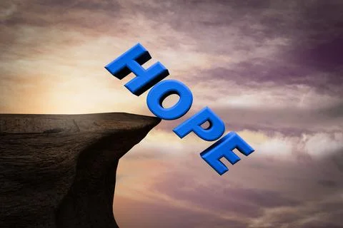 Hope is in edge cliff ready to fall demonstrating lost hope concept. 3D illus Illustrazione stock