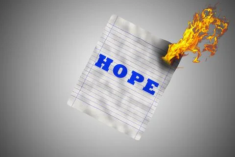 Hope on paper catching fire demonstrating lost hope concept. 3D illustration Illustrazione stock
