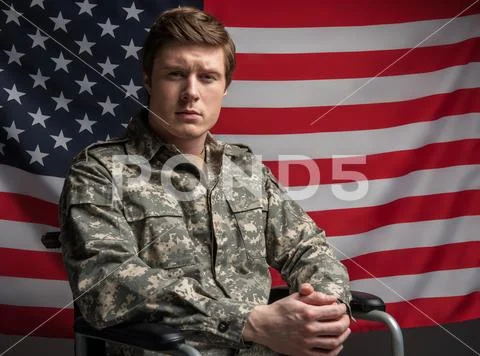 Hopeful handicapped veteran is proud of his country Stock Photos