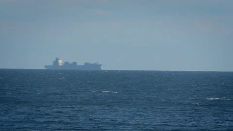 Hopper barge ship in the horizont Video stock 83520360