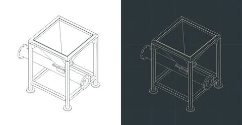 Hopper with screw conveyor isometric technical drawings Illustrazione stock