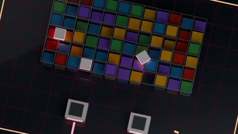 Hopping hover cubes triggered by glowing pads, traversing tile matrix on dark Stock Footage 339193918