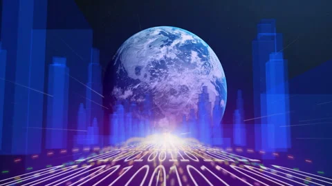 Horizon flare igniting globe rising, rotating, binary grid scrolling, bars Stock Footage 312415497