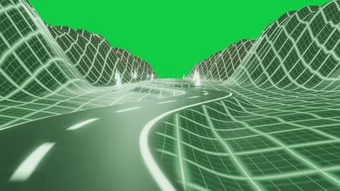 Horizon pulsing, camera advancing along neon-green road toward far lights, Stock Footage 337506320