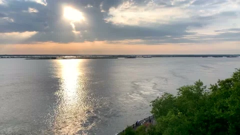 Horizon sun on the background of the river in summer Stock Footage 159540778