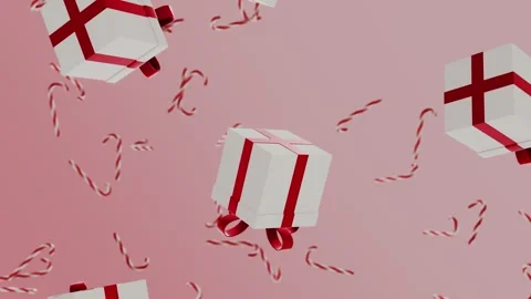 Horizontal 3d Christmas New Year gifts red ribbon bow candy canes falling Stock Footage 320497057