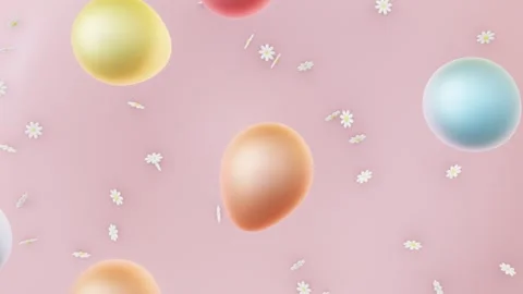 Horizontal 3D Easter eggs daisies flowers background pastel copyspace loop Stock Footage 328573133