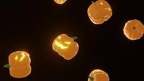 Horizontal 3D falling Halloween carved pumpkins Jack OLantern flying render Illustrazione stock
