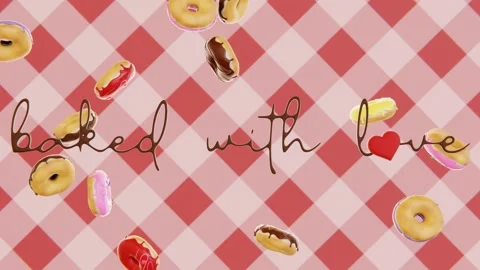 Horizontal 3D infographic falling baked glazed donuts love heart cafeteria Stock Footage 316314865