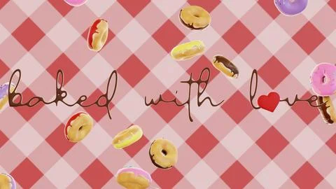 Horizontal 3D infographic falling baked glazed donuts love heart cafeteria Stock Illustration