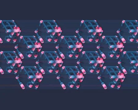 Horizontal 3D Tech Banner with Pink and Blue Nodes on Dark Graphite Background Stock Illustration