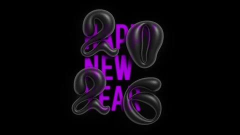Horizontal 4K video. Lilac text Happy New Year, 3D 2026 on black Video stock 323236394