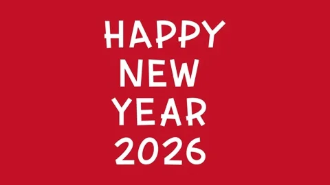 Horizontal 4K video. White text Happy New Year 2026 on red background Stock Footage 321854104