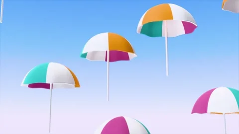 Horizontal abstract 3D render summer pool party umbrella parasol falling loop Stock Footage 331990464