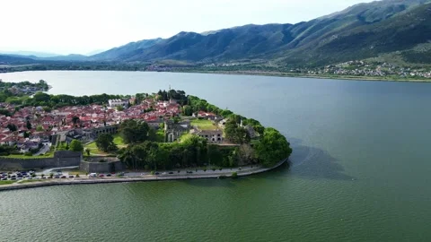 Horizontal Aerial Drone View of Beautiful Ioannina Castle and Lake Stock Footage 336177580