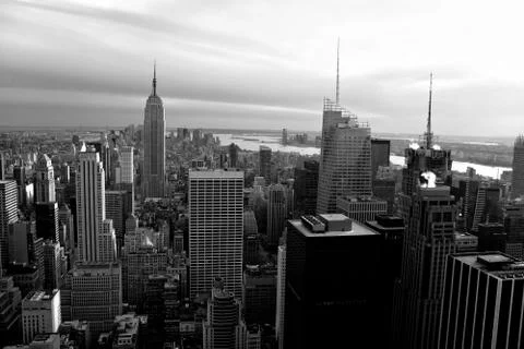 Horizontal aerial view of the manhattan section of new york city including al Stock Photos