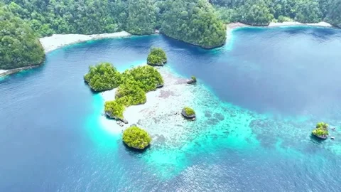 Horizontal Aerial View of Small Tropical Islets and Coral Lagoon Stock Footage 338429774