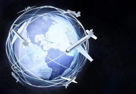 Horizontal america earth globe view with air traffic illustration Stock Illustration