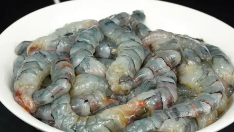 Horizontal Angle Rotating Peeled Black Tiger Shrimp Stock Footage 336736984