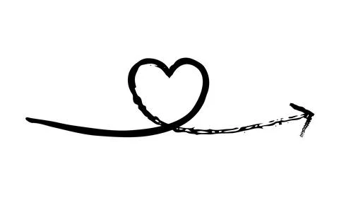 Horizontal arrow loops centrally into heart shape grunge doodle design element Illustrazione stock