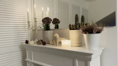 Horizontal Autumn Fireplace Decor with Candles 4K 60fps Stock Footage 344822173