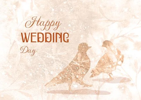 Horizontal autumn wedding design with a pair of birds, happy wedding day Ilustração Stock