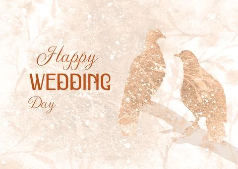 Horizontal autumn wedding design with a pair of birds sitting on a branch Ilustração Stock