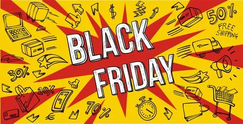 Horizontal background with Black Friday elements. Colorful explosion effect.. Stock-Illustration