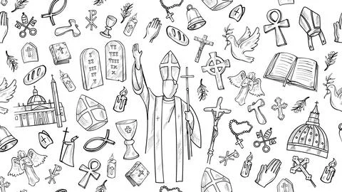 Horizontal Background Catholic Religious Elements with Doodle Line Art Illu.. Stockillustratie