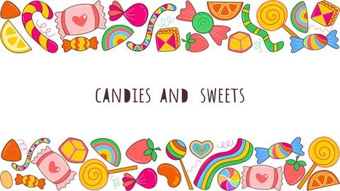 Horizontal background with frame of candies and sweets Ilustração Stock