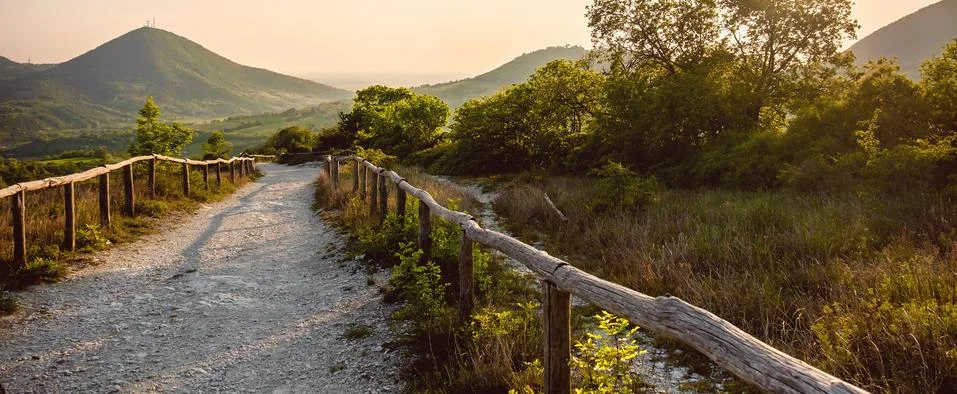 Horizontal background path hill at sunset in the Euganean Hlls area Pianoro del Stock Photos