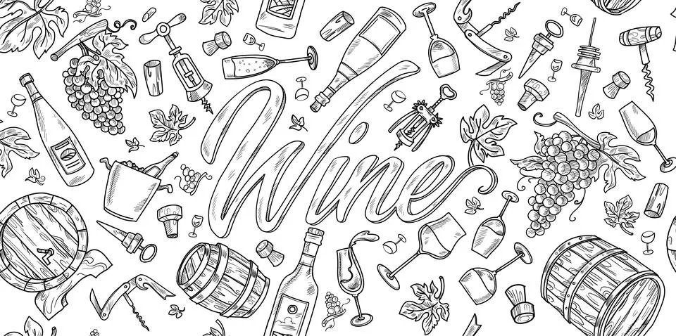 Horizontal background with wine elements. Hand-drawn wine illustrations and.. Illustrazione stock