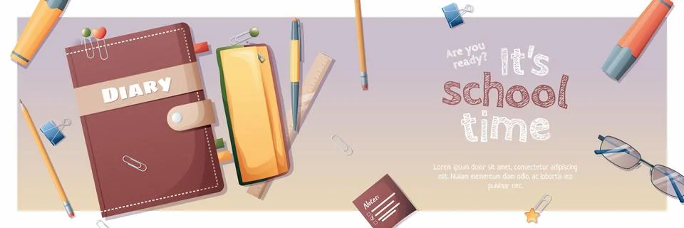 Horizontal banner back to school with school subjects and elements. Educati.. Stock Illustration